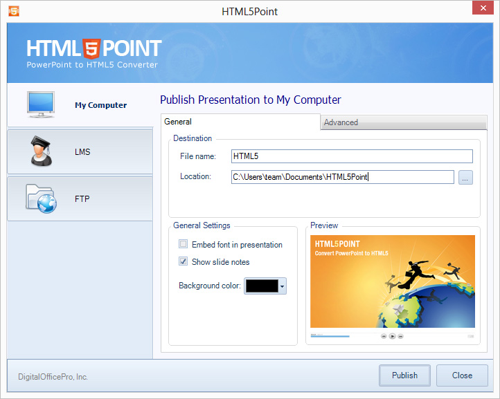 HTML5Point publish dialog